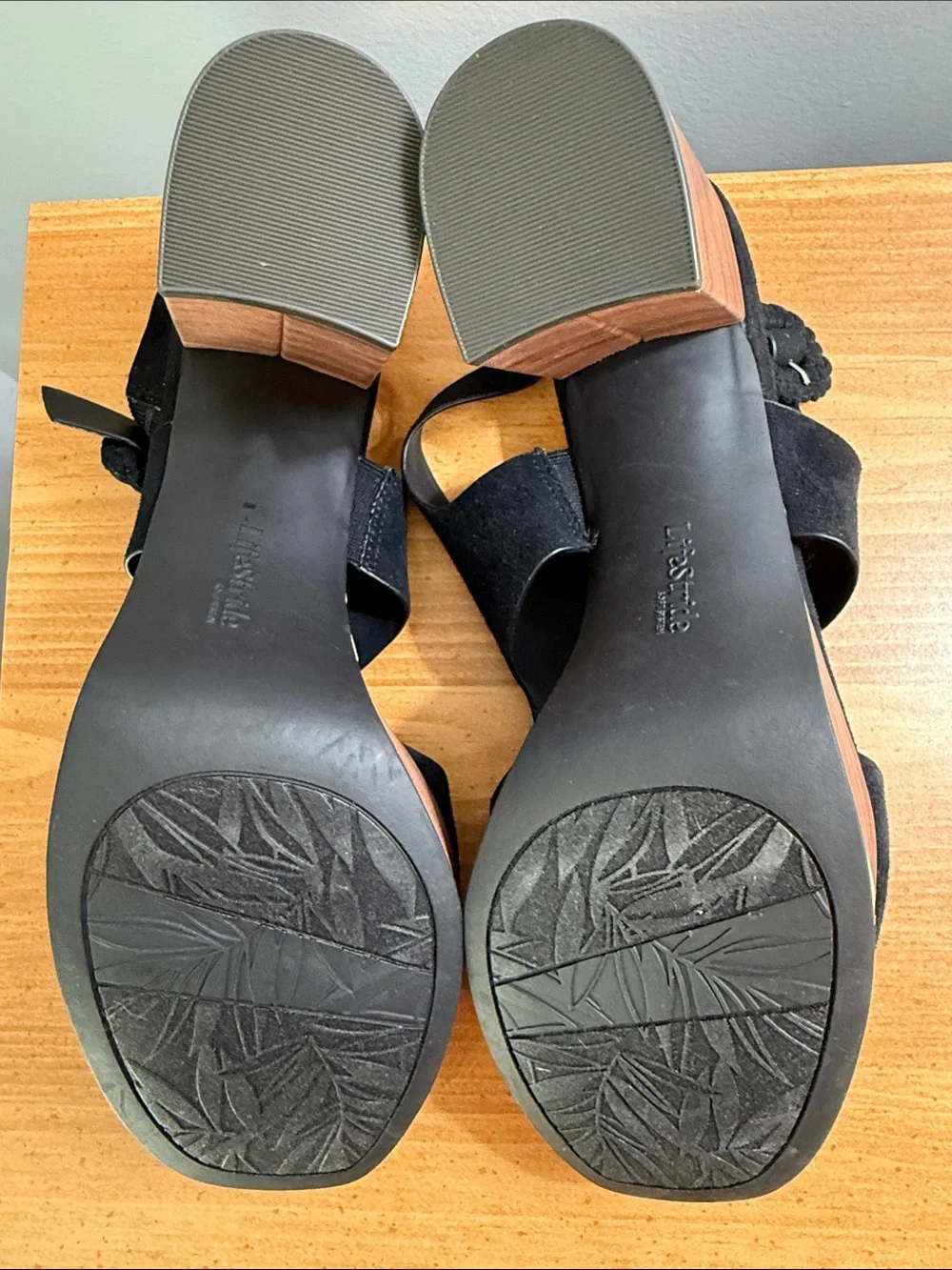 LifeStride Audra Black Faux Suede Platform Sandals with Wood-Effect Block Heel